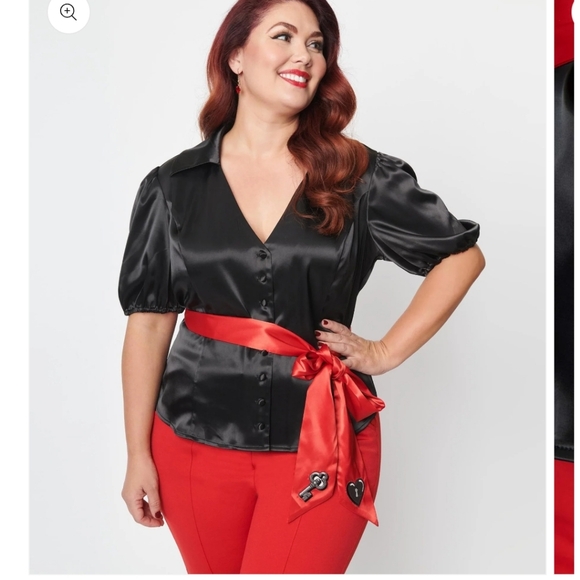 Unique Vintage Black and Red Lock & Key sashed blouse size 1X NWT - Picture 6 of 8